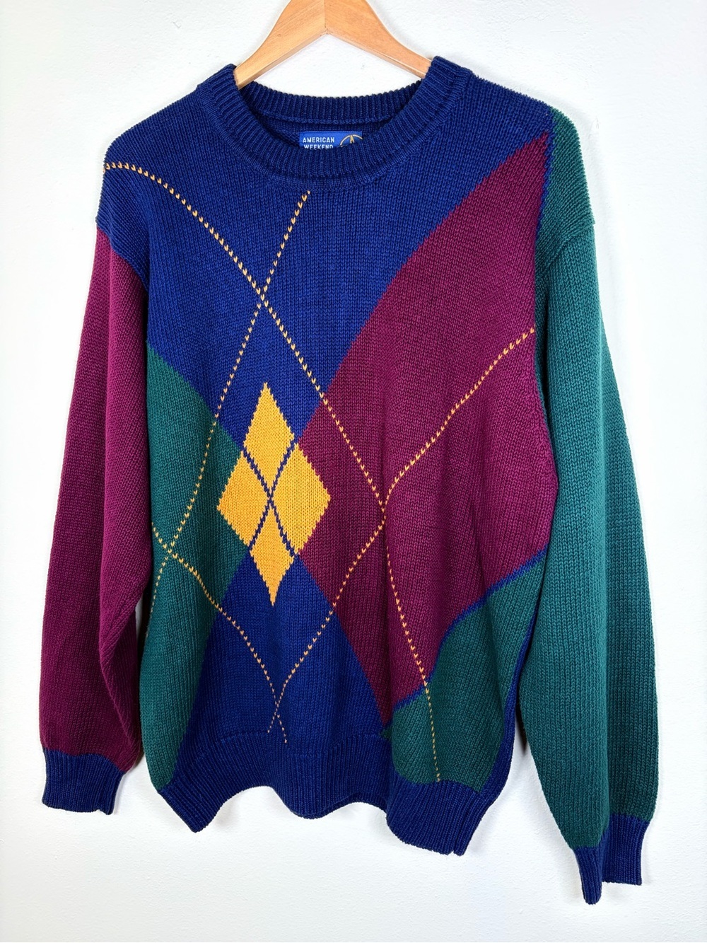 Vintage American Weekend Colorblock Argyle Sweater Size Large 90s Ramie Cotton